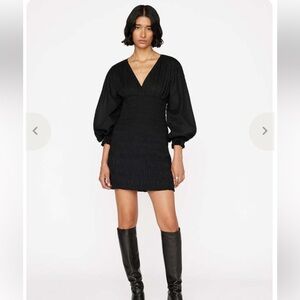 Frame Denim Smocked Noir Black Mini Dress with Puff Sleeves